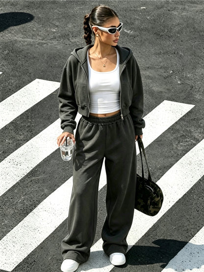 Women's Casual Hooded Zip-Up Sweatshirt & Wide-Leg Pants Set - ayq