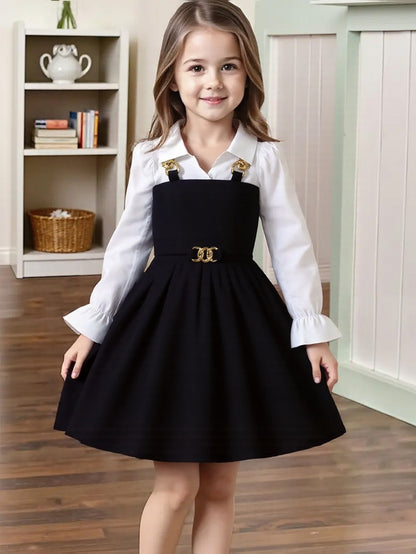 Girls' Elegant Spring-Fall Dress with Ruffled Shirt and Suspender Skir