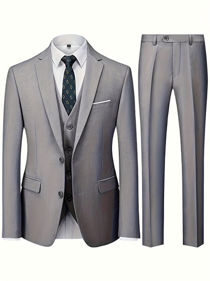 Men's 3-Piece Suit with Jacket, Vest & Pants - Stylish Formal Wear