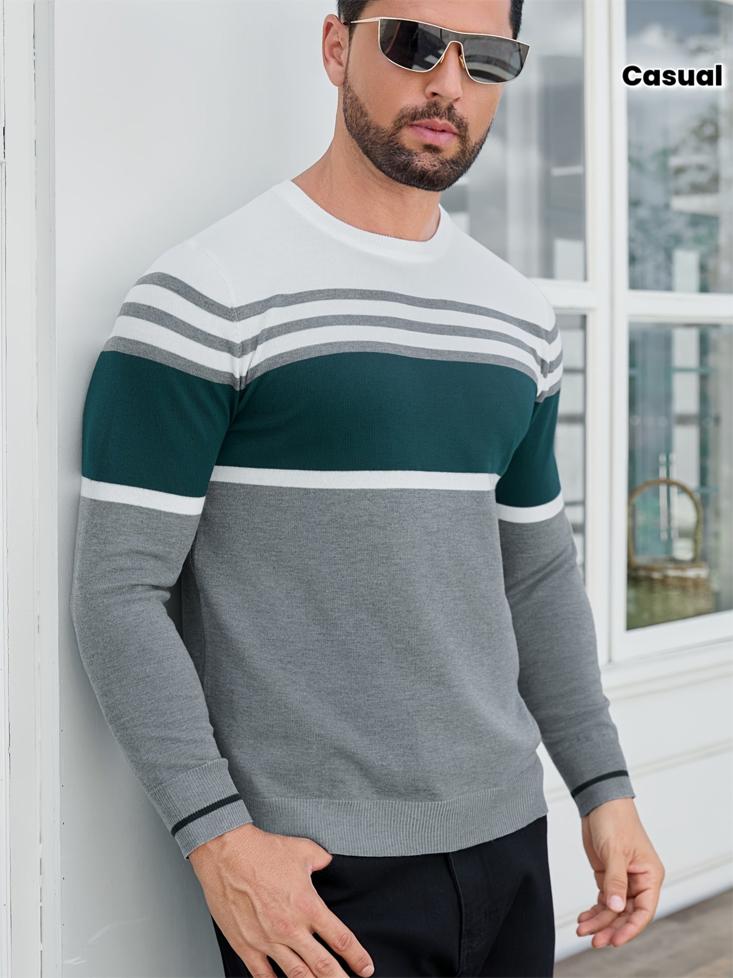 Men's Casual Comfort Knit Sweater, New Spring/Autumn Round Neck Base Layer Three-Stripe Contrast Color Pullover