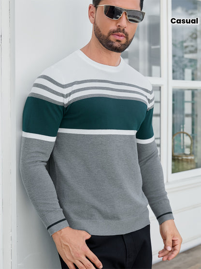 Men's Casual Comfort Knit Sweater, New Spring/Autumn Round Neck Base Layer Three-Stripe Contrast Color Pullover