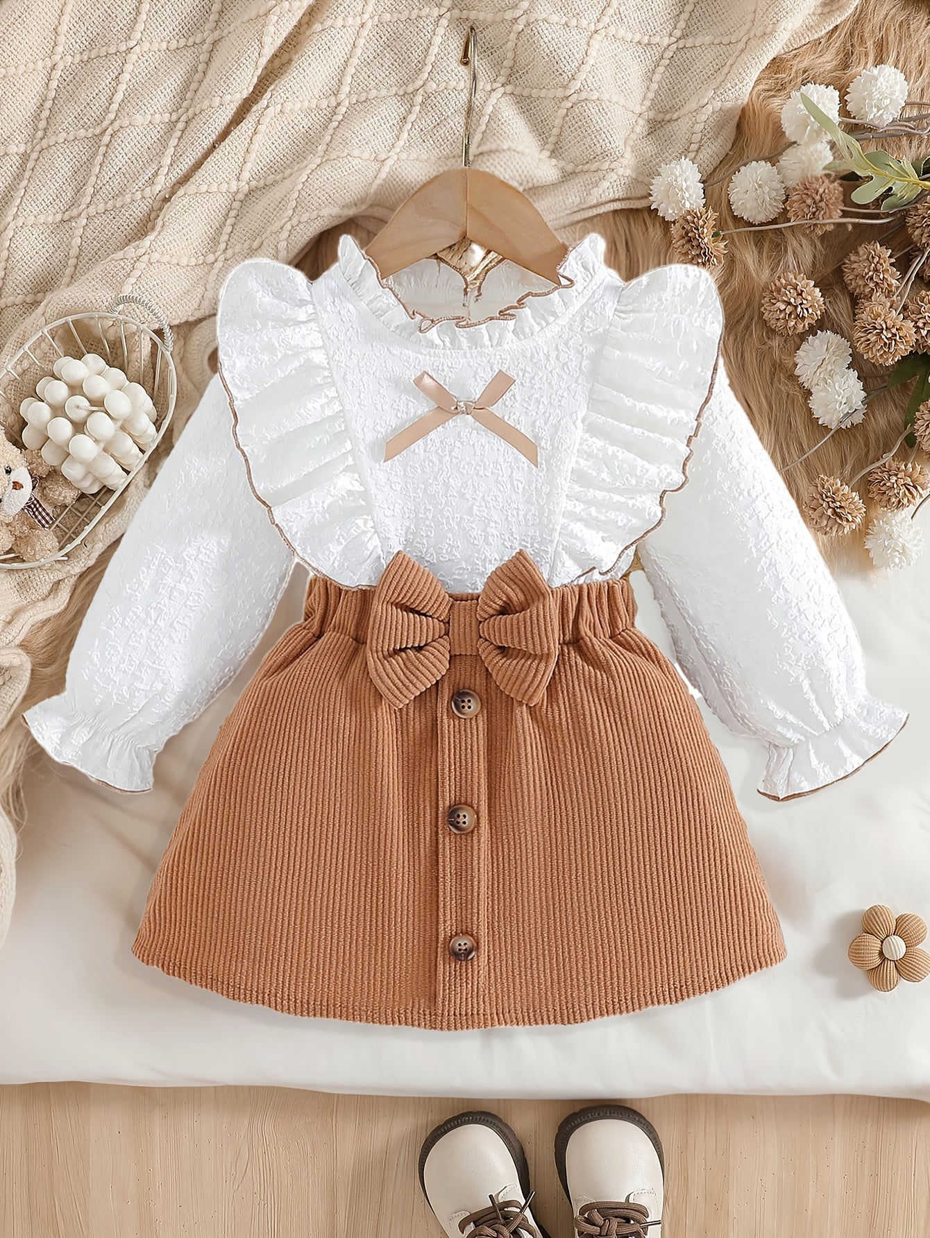 Cute Baby Girls' Two-Piece Bow Tie Long Sleeve Set for Spring/Fall