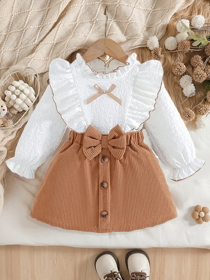 Cute Baby Girls' Two-Piece Bow Tie Long Sleeve Set for Spring/Fall
