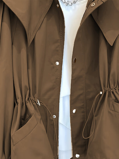 Women'S Casual Solid Color Polyester Overcoat with Drawstring Waist, Lapel Collar, and Chest Pockets - Spring and Fall Fashion, Comfortable, Non-Stretch Fabric, Casual Outerwear | Classic Long Sleeve | Nonstretch Materia