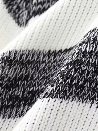 Men'S Stylish Black & White Striped Knit Pullover Sweater - High Neck, Long Sleeve, Ribbed Cuffs, Casual Fall/Winter Wear, Casual Wear Sweater | Highneck Sweater | Knit Construction, Sweater Vest