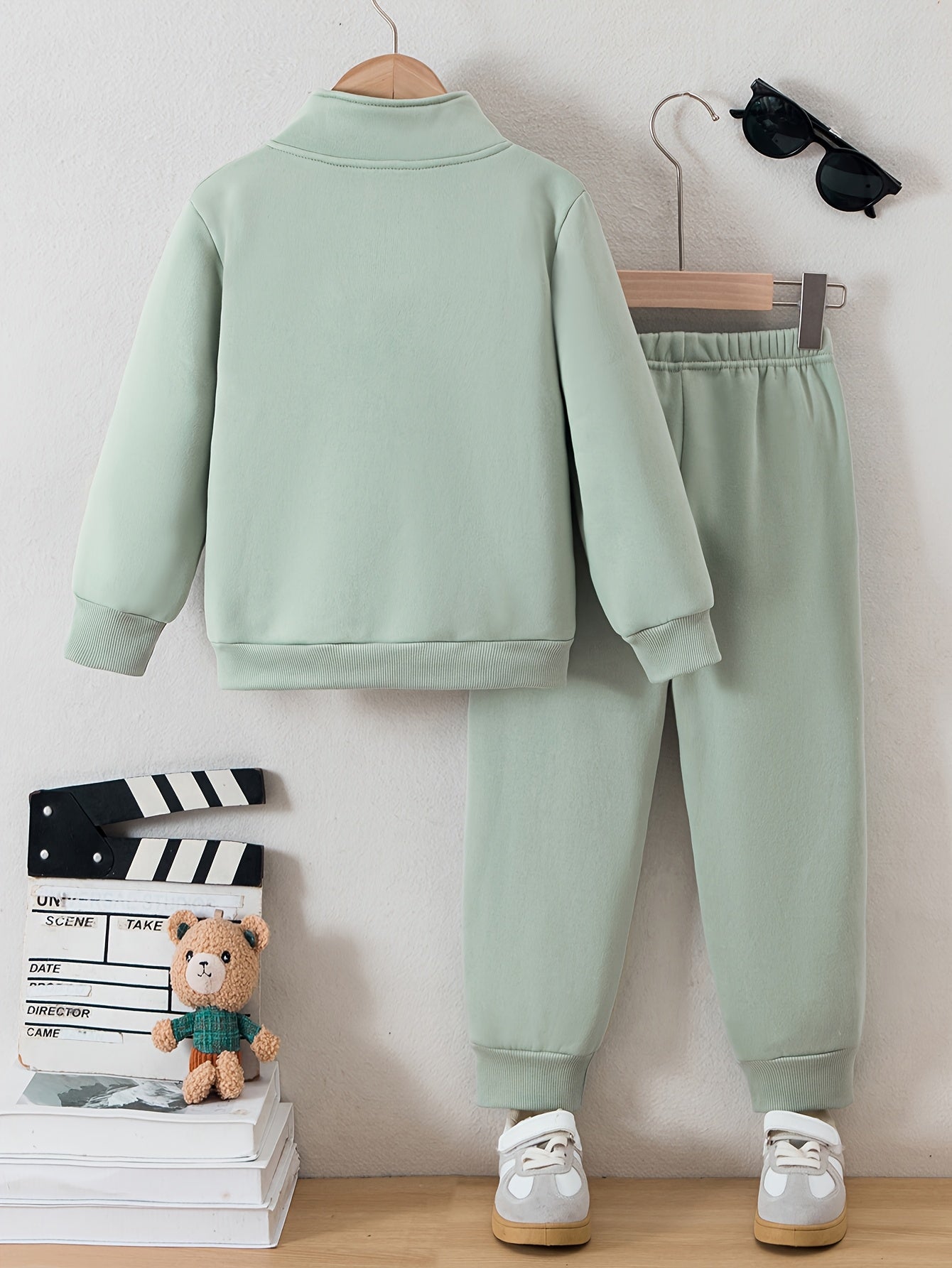 Boys' Cozy Fleece-Lined Hoodie & Sweatpants Set - Olive Green Casual Winter Outfit with Pockets, Thick Warmth for Fall & Winter, Regular Fit, Casual Attire, for Outdoor