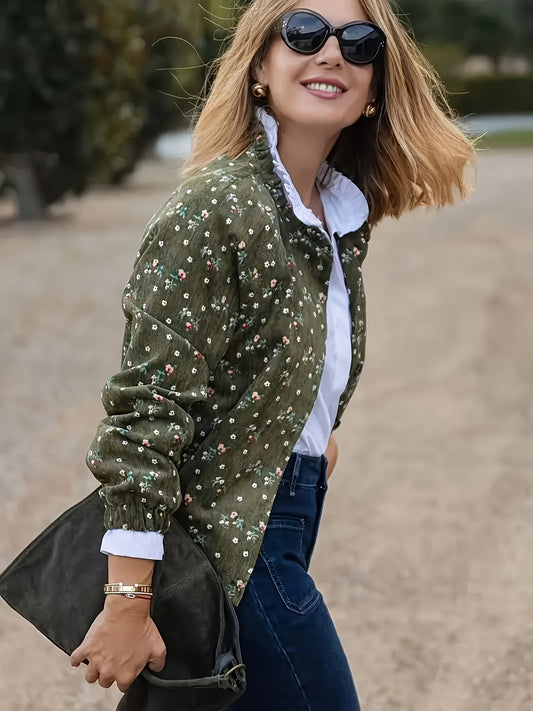 Women'S Vintage Floral Print Jacket - Elegant Button-Front Blazer with Structured Fit, Olive Green Floral Pattern, Fall/Winter Outerwear for Casual & Formal Events - Women'S Fashion Outerwear, Ladies Jacket, Seasonal Wardrobe