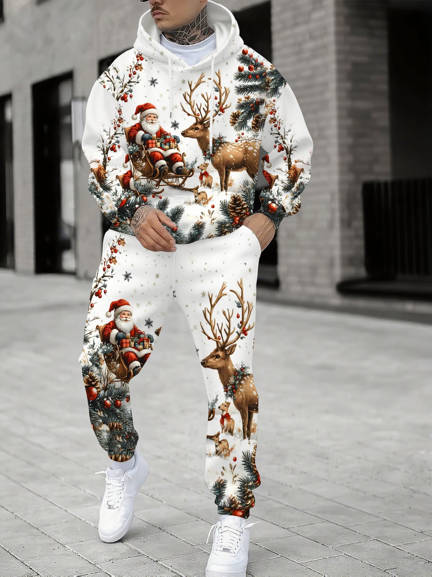Christmas Theme Sweatshirt Set, Hooded Long-Sleeve and Pants Casual Outfit - Perfect for Holidays & Family Gatherings