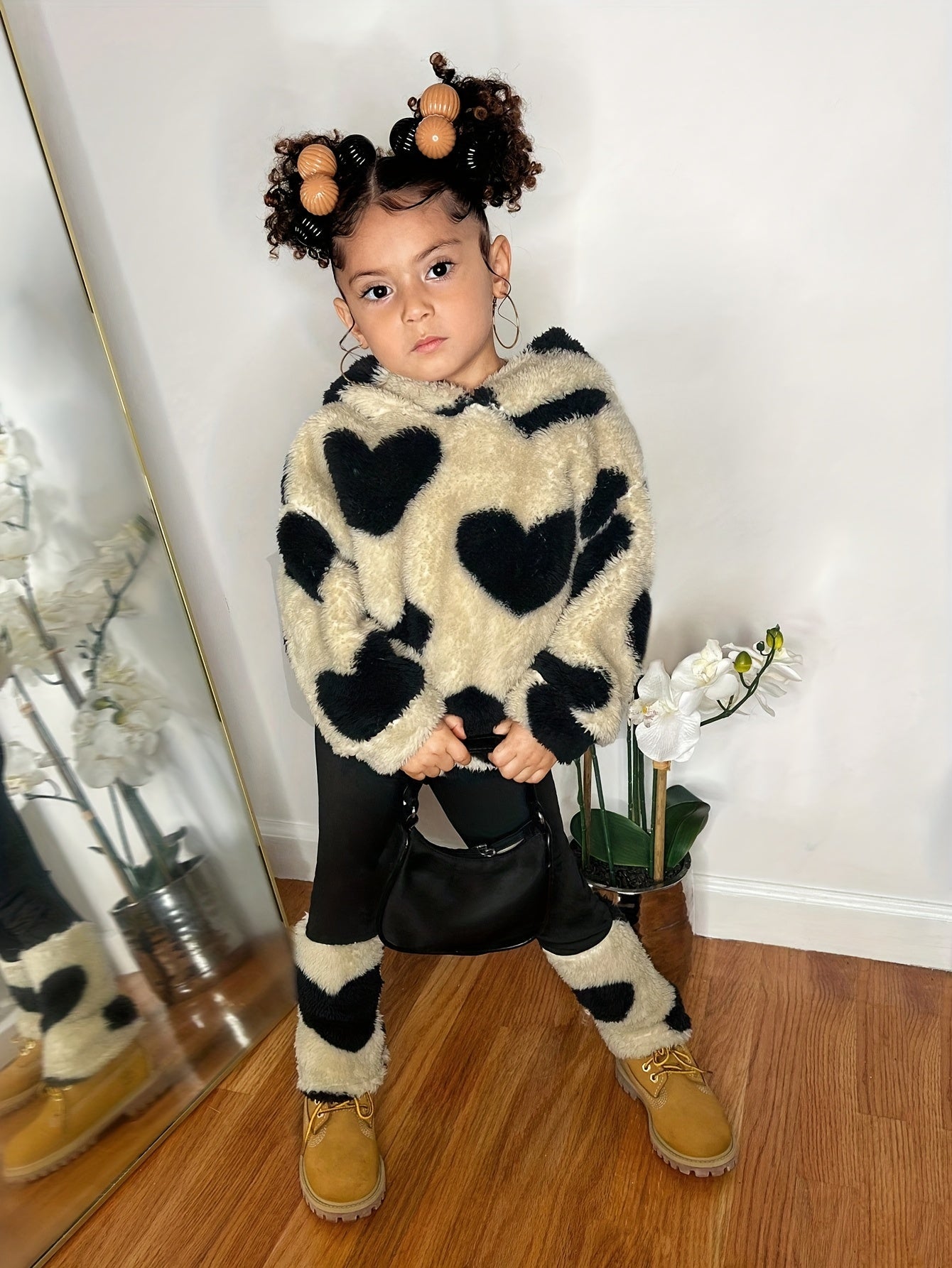 1- Girls' Fashion Casual Heart Print Plush Hoodie and Patchwork Knit Pants Set, Suitable for Autumn and Winter, School, Leisure, Outdoor Sports, Perfect for Outdoor