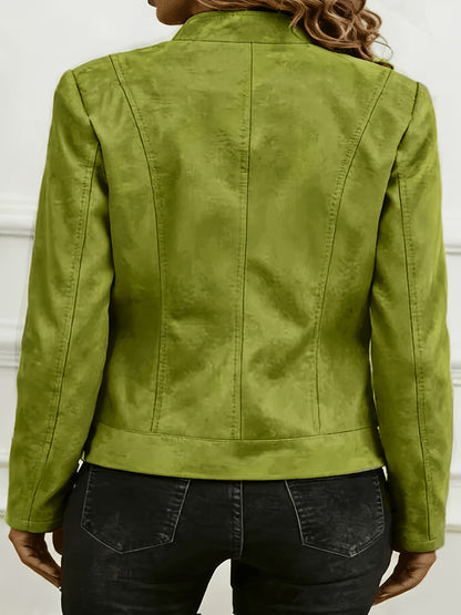 Plus Size Elegant Biker Jacket with Metallic Zipper for Spring/Fall