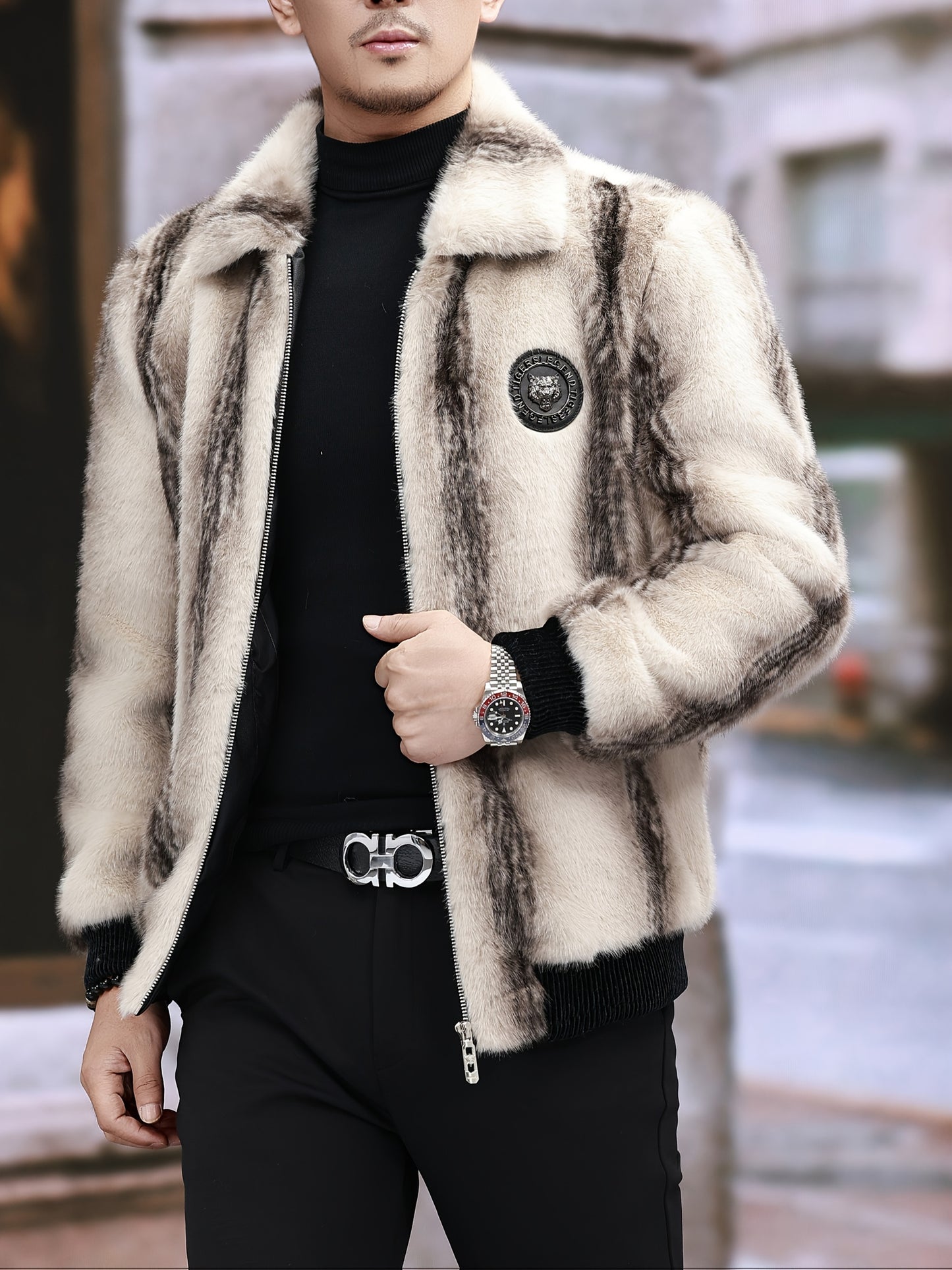 Men'S Winter Faux Fur Coat - Warm Color-Block Lapel Collar Jacket with Zipper Closure, Black & Beige Contrast Design, Regular Fit for Casual & Formal Wear, Polyester Lining, Stylish Streetwear, Faux Fur Coat