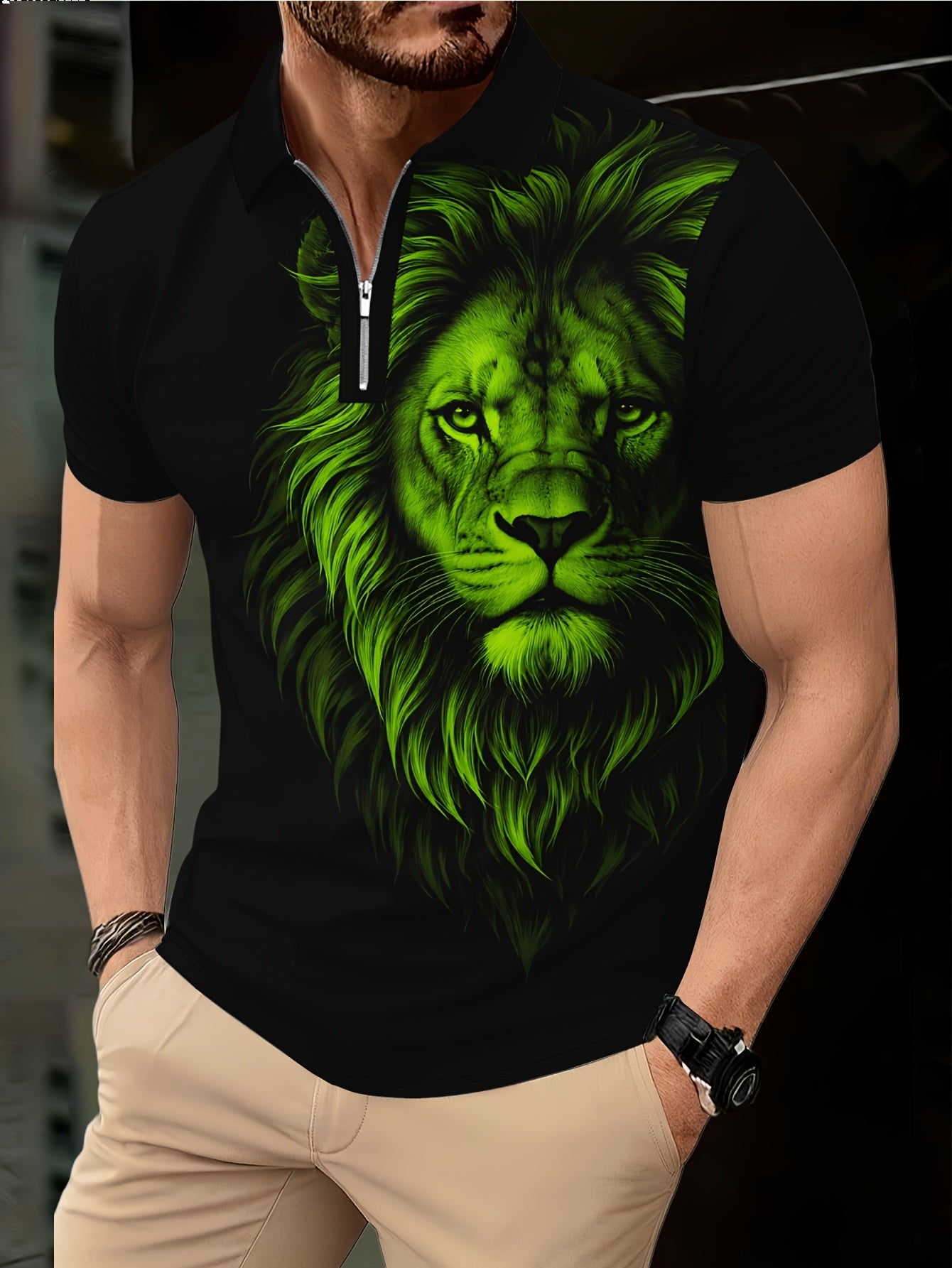 Men's Zip Shirt Short Sleeve Summer Trendy Lion Print Collar T-Shirt Business Casual Slim Fit Men's Top Women's Clothing