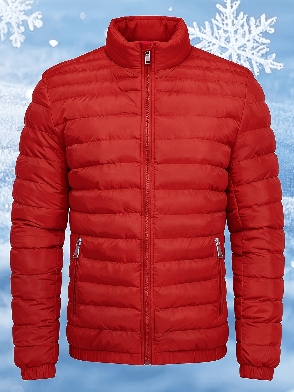 Men's Stand Collar Winter Jacket with Zipper and Fiber Filling