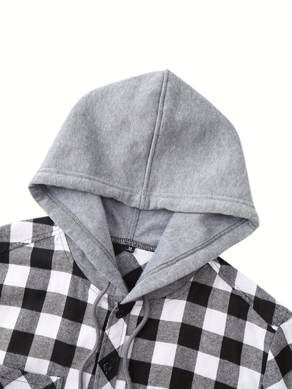 Plaid Shirt Coat For Men Long Sleeve Casual Regular Fit Button Up Hooded Shirts Jacket