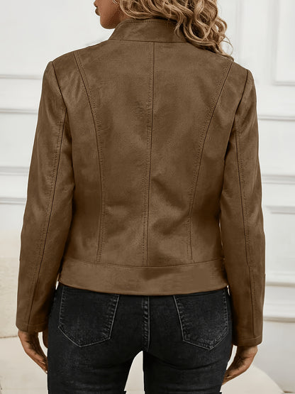 Plus Size Elegant Biker Jacket with Metallic Zipper for Spring/Fall