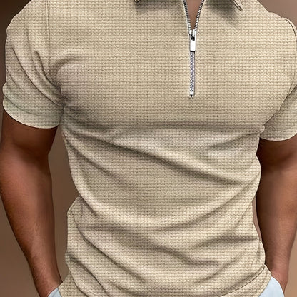 Men's Solid Short Sleeve Zipper Shirt, Casual Male Shirt For Summer Outdoor, Gift For Men - ayq