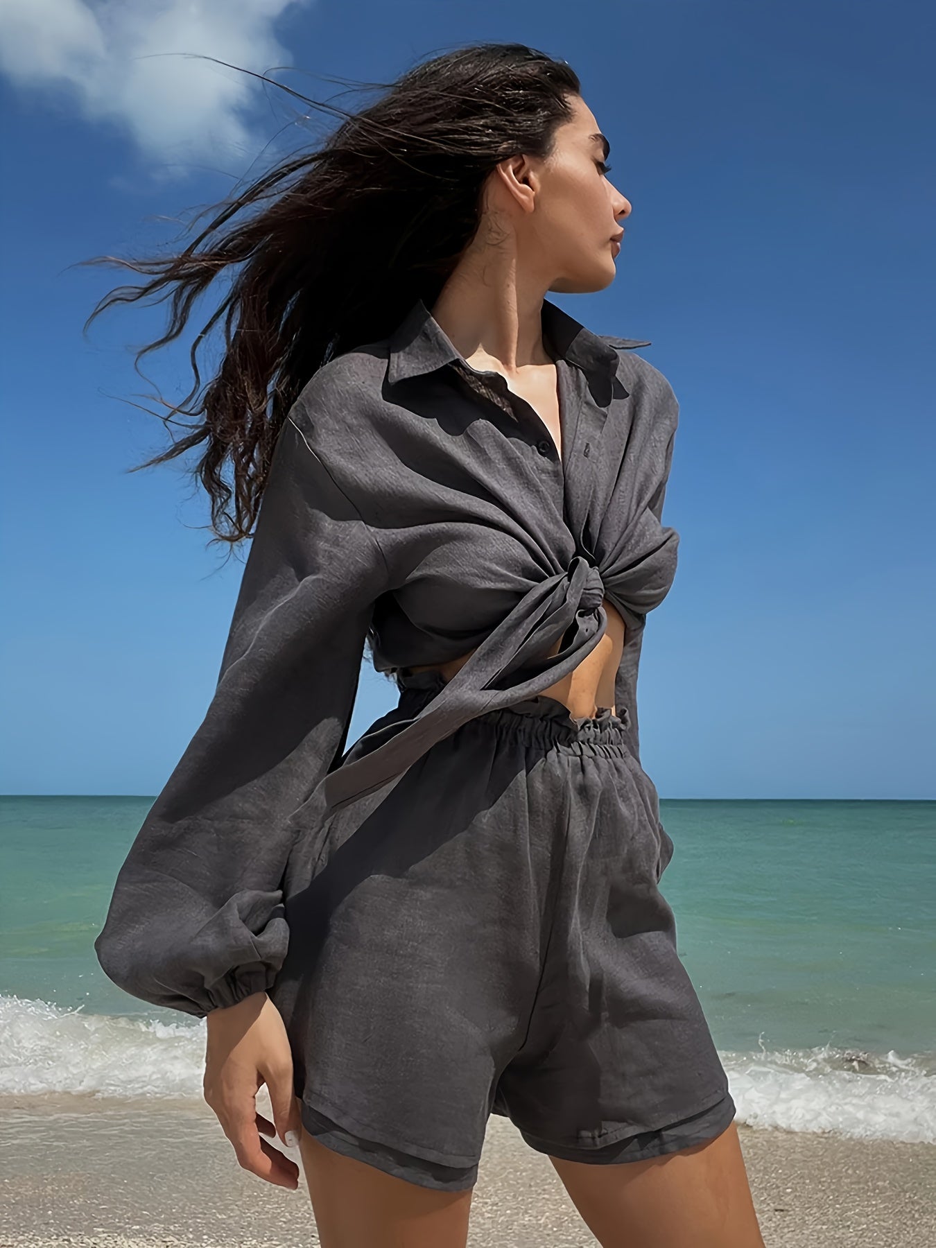 Women's Casual Long Sleeve Shirt & Shorts Set, Solid Dark Gray