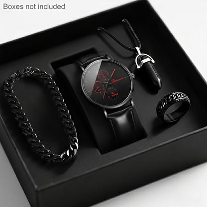 Men'S Luxury Quartz Wristwatch and Jewelry Set | Black Analog Watch with Dual Display, Includes Matching Bracelet, Necklace, and Ring - Ideal for Birthdays, Christmas, Ramadan