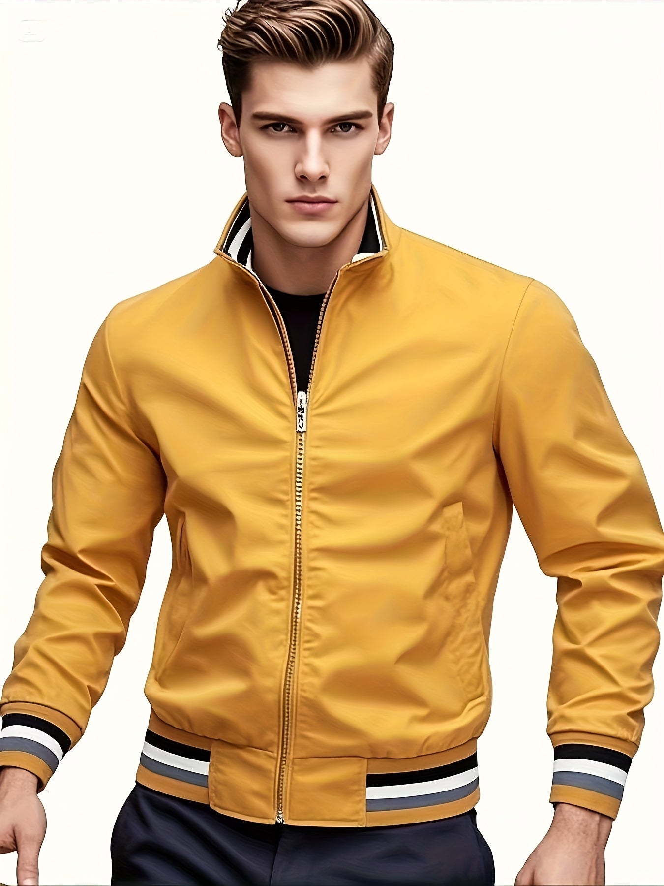 A Men'S Stylish Pilot Jacket, Made of Durable Fabric, Features Classic Striped Details, Perfect for Casual Outings Or Hiking. It Offers a Sense of Confidence And Fashion, Making It an Ideal Gift for Men