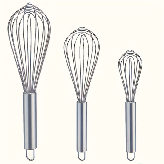 A Set of 3 Stainless Steel Whisks - Manual Kitchen Mixers Suitable for Blending, Whipping, And Stirring - a Bubble Whisk Set Designed for Enhanced Durability, Food-Grade, Easy to Clean, Ergonomic Design - No Batteries Require