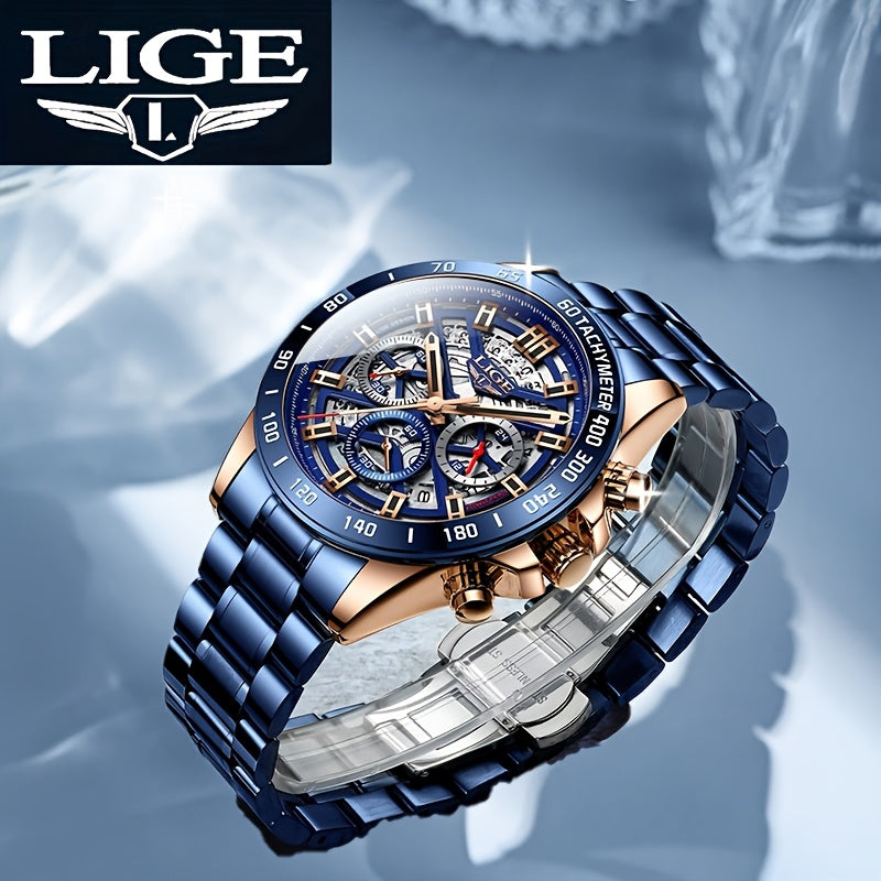LIGE Watch, Fashion Teen Men's Watches, Multifunctional Stainless Steel Quartz Watches, Waterproof Watches, for Sports, College Various Scenes, Holiday Gifts, Party Gifts, Birthday Gifts, Black Blue Watches