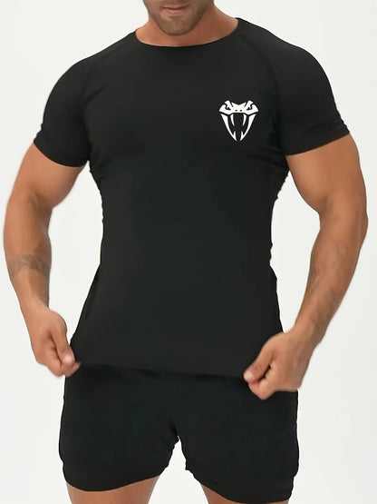 Men'S Quick-Dry Athletic Compression T-Shirt with Serpent Head Logo - Short Sleeve, High Stretch, Breathable Fabric for Running  Workout, Blue