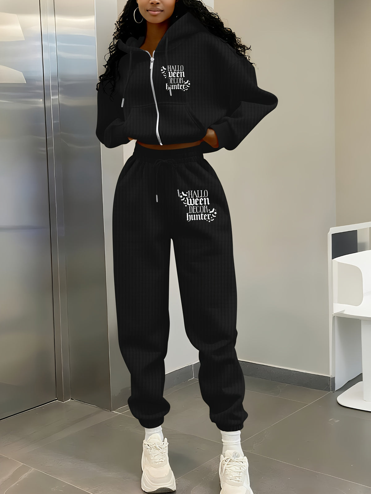 Women's Casual Waffle Knit Hoodie and Pants Set for Fall/Winter