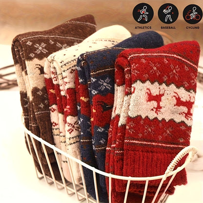 6pcs/3pairs Reindeer Print Thick Socks, Comfortable and Warm Christmas Mid-Calf Socks, Unisex Socks, Christmas Socks, Festive Socks, Cozy Socks, Warm Winter Socks