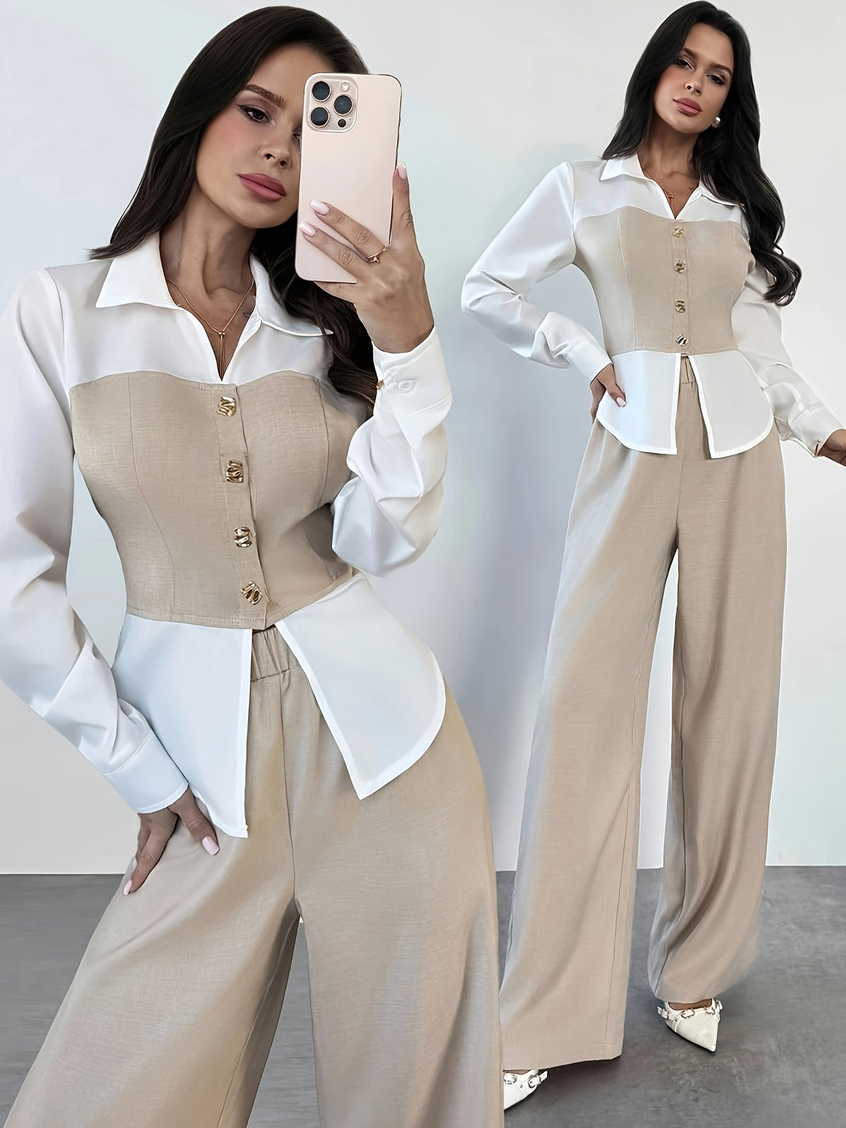 Elegant Women's White Two-Piece Autumn Suit with Patchwork Shirt - ayq