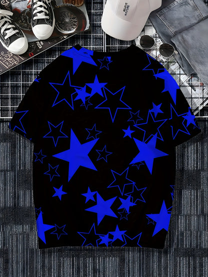 Men's Allover Color Blocking Stars Pattern Short Sleeve Crew Neck T-shirt For Summer, Casual Stylish Tee As Gift