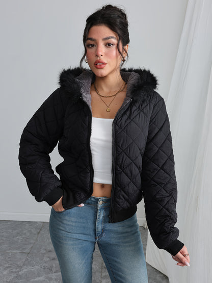 Women'S Cozy Fleece-Lined Hooded Jacket - Casual Long Sleeve, Solid Color, Regular Fit, Long Sleeve, Zip-Up, Casual Style, Casual Outerwear, Winter Jacket