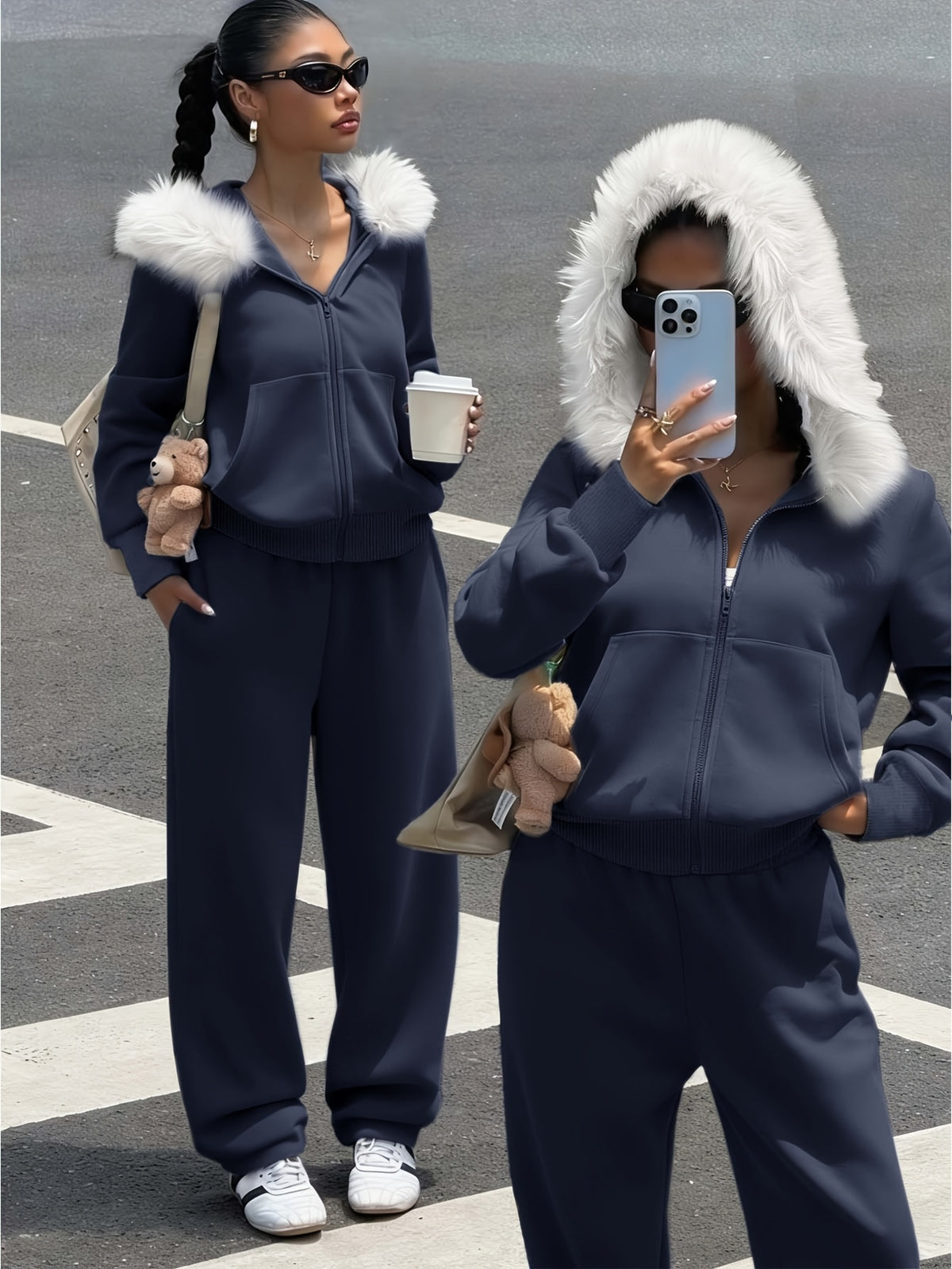 Women's Casual Polyester Hoodie & Wide-Leg Pants Set - ayq