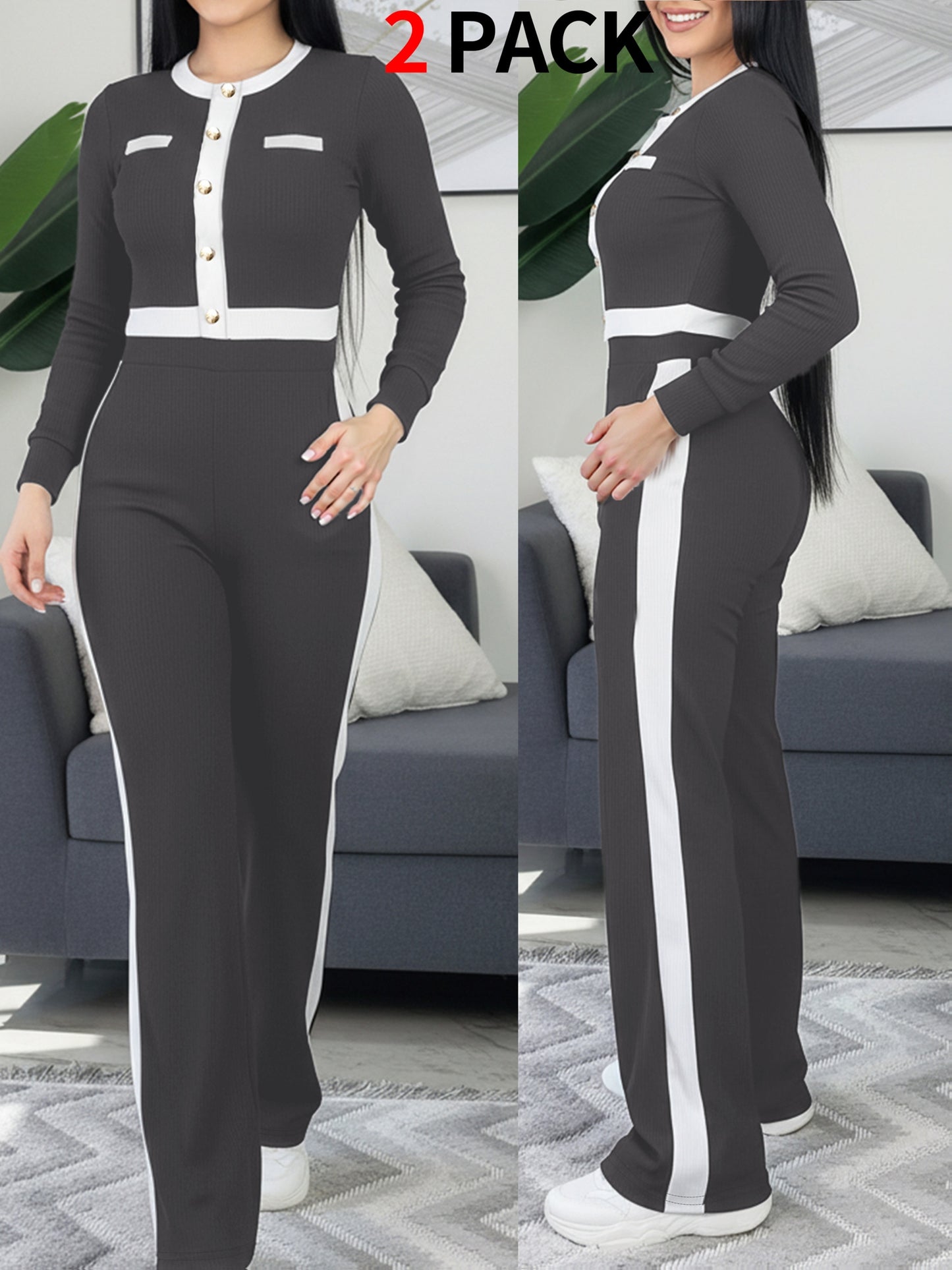Autumn And Winter Women'S Outfit - Stylish Color-Blocked Fitted Long-Sleeve Top with a Round Neck And Versatile High-Waisted Comfortable Straight-Leg Pants