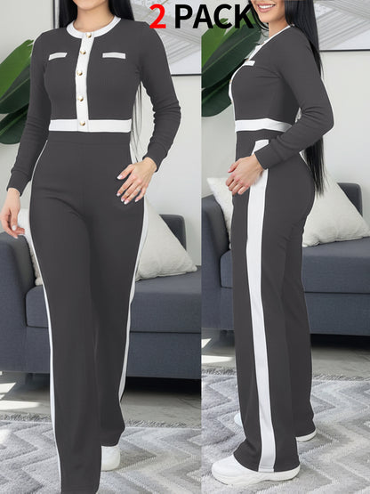 Autumn And Winter Women'S Outfit - Stylish Color-Blocked Fitted Long-Sleeve Top with a Round Neck And Versatile High-Waisted Comfortable Straight-Leg Pants
