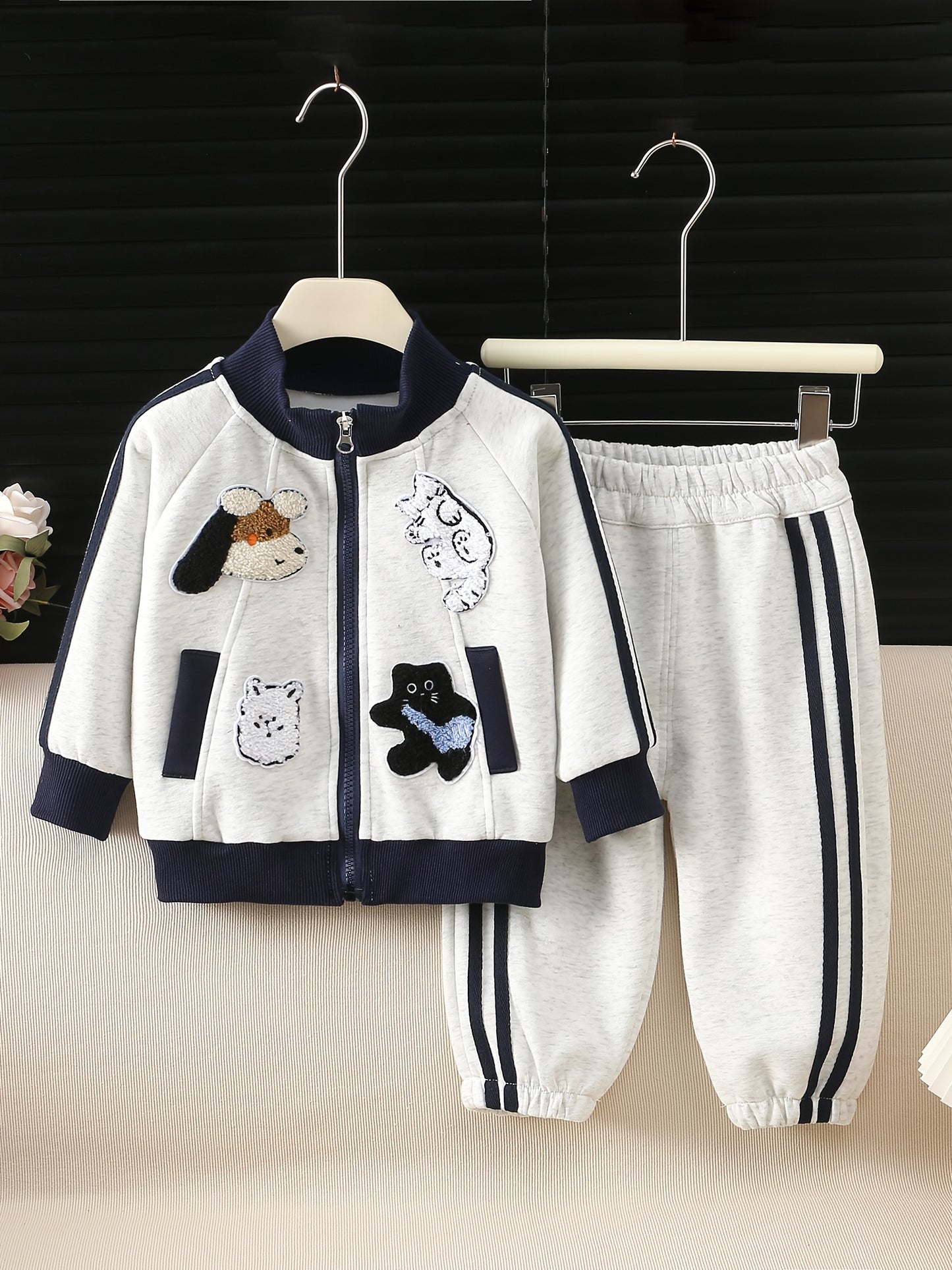 Girls' Spring Jacket and Jogger Set with 3D Cartoon Animals