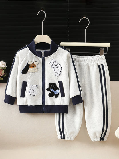 Girls' Spring Jacket and Jogger Set with 3D Cartoon Animals