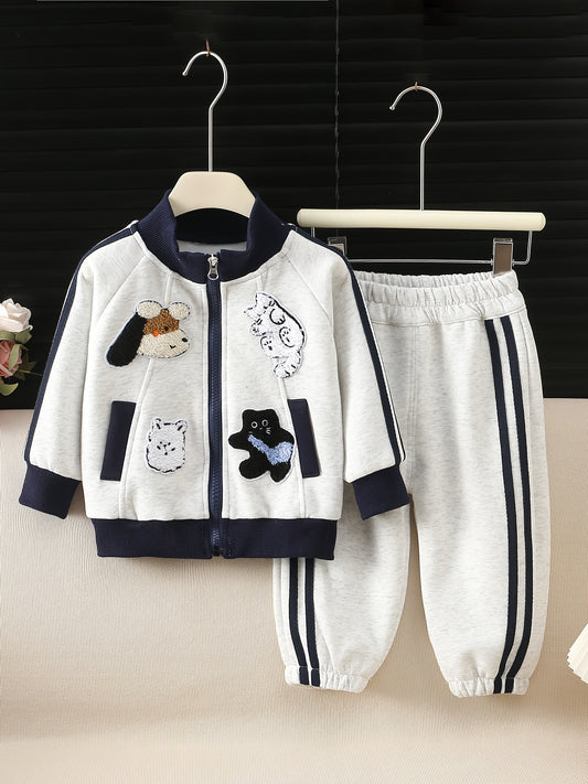 Girls' Spring Jacket and Jogger Set with 3D Cartoon Animals