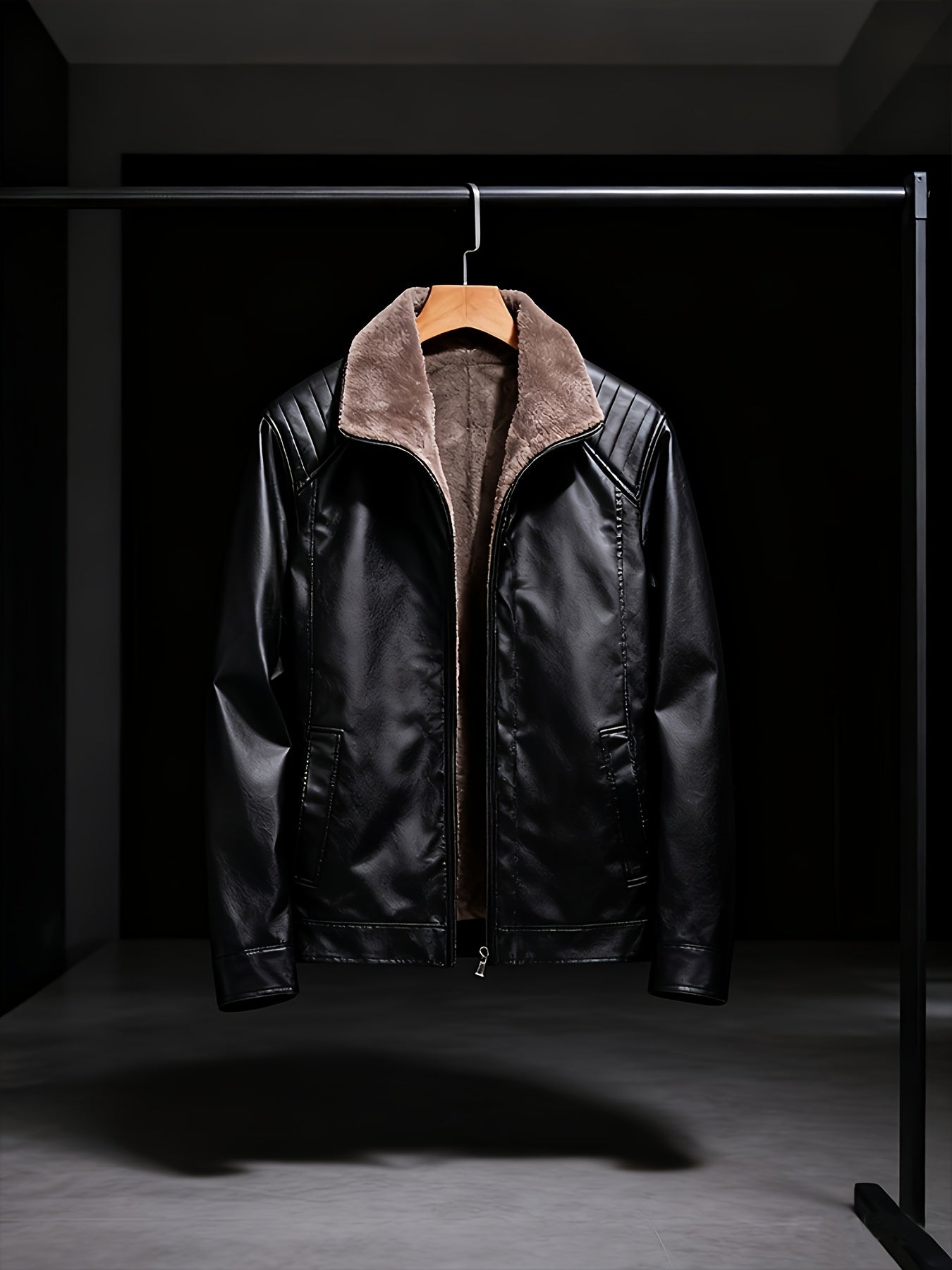 Men's Faux Leather Fleece-Lined Jacket with Stand Collar