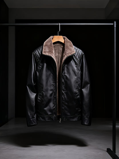 Men's Faux Leather Fleece-Lined Jacket with Stand Collar