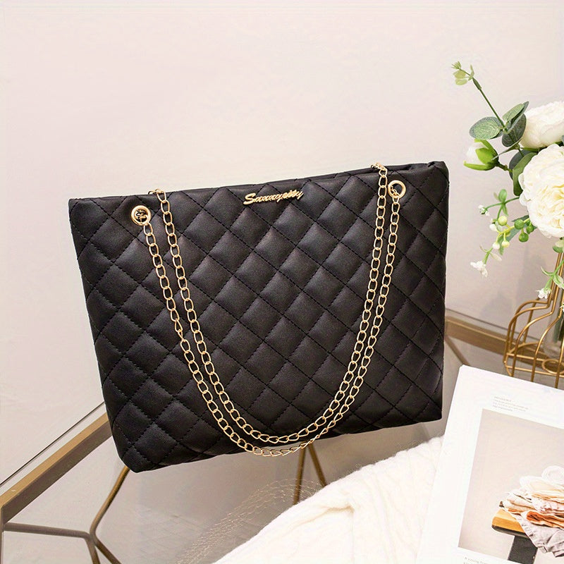 1pc Women's Large Capacity Bucket Bag - Chunky Chain Strap Shoulder Bag with Buckle Closure, Armpit/ Grid (Choose), Casual to Dressy Tote Suitable for Women