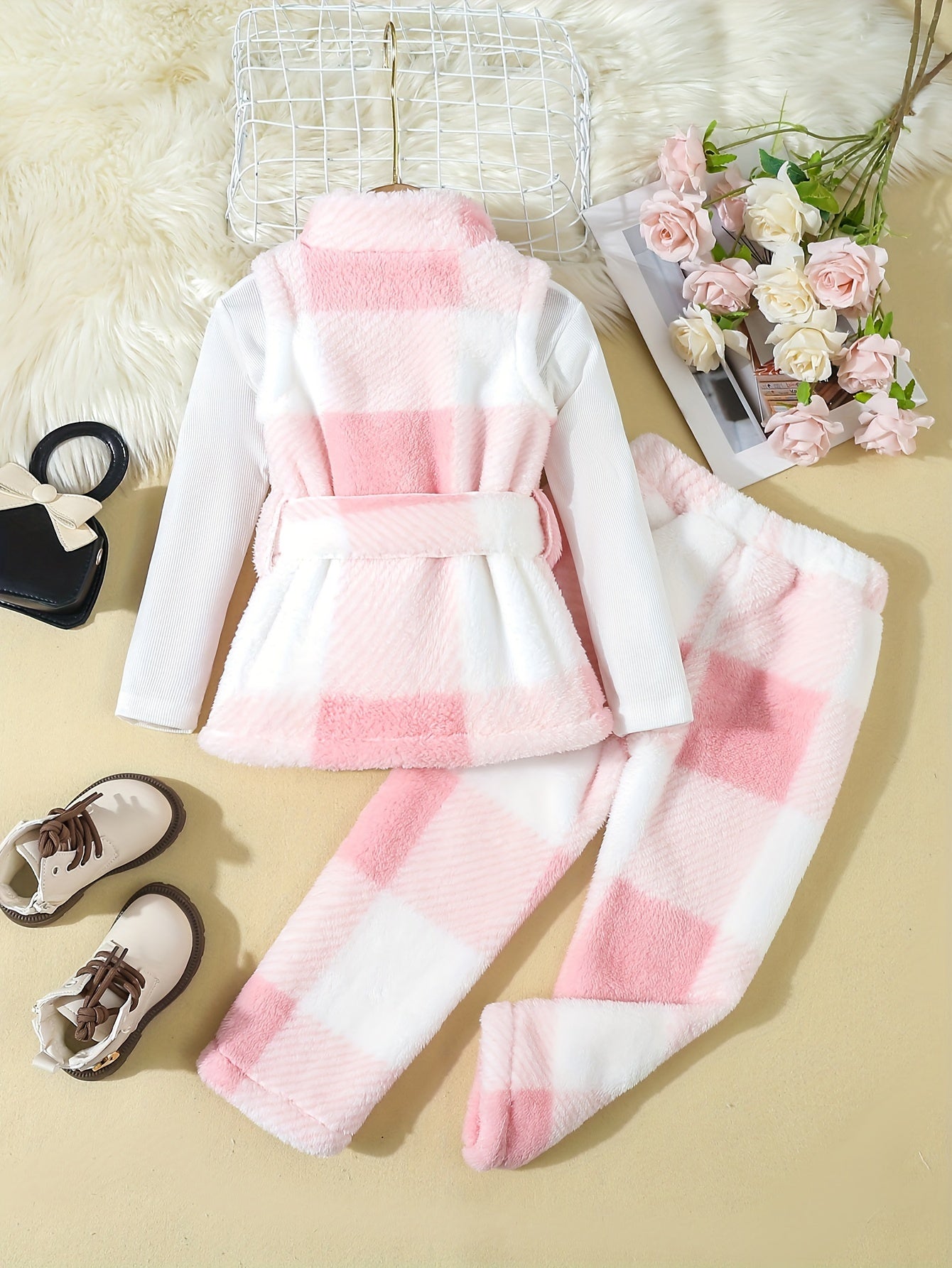 3pcs Plush Set Girl's Plaid Teddy Vest + Long-Sleeve Top + Teddy Pants, Casual outdoor Style Girls Winter/ Fall Clothes, Gift