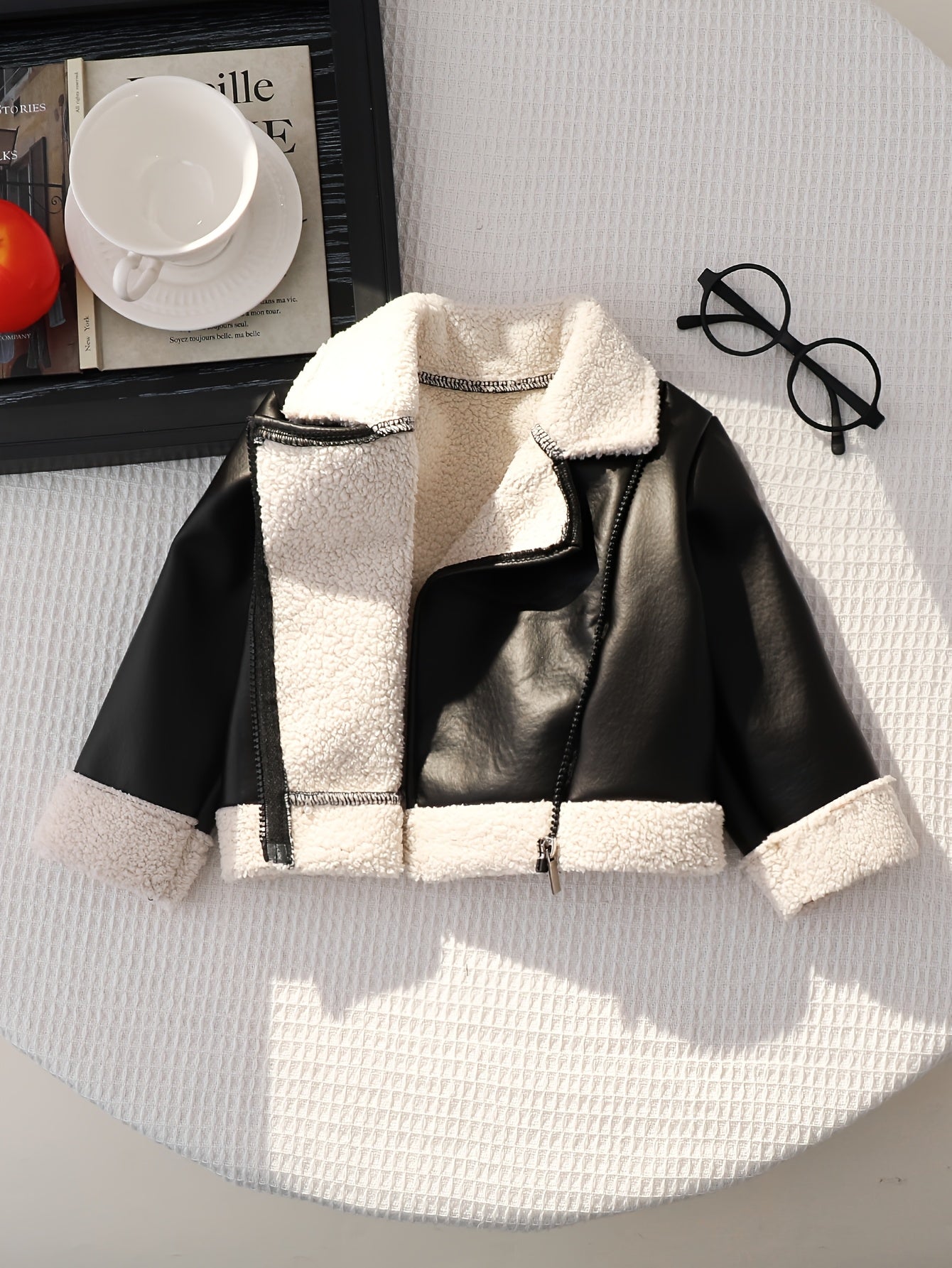 Baby Girl PU Leather Zipper Jacket with Lapel Collar