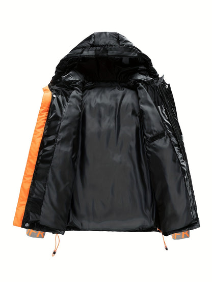 Men's Checkered Graphic Print Padded Outwear With Pockets, Casual Zip Up Long Sleeve Warm Hooded Outwear For Winter Outdoor Activities