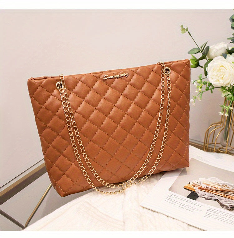 1pc Women's Large Capacity Bucket Bag - Chunky Chain Strap Shoulder Bag with Buckle Closure, Armpit/ Grid (Choose), Casual to Dressy Tote Suitable for Women