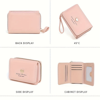New Women'S Short Wallet, Cute Korean-Style Heart-Shaped, Large Capacity with Multiple Card Slots, Trendy Tri-Fold Design.