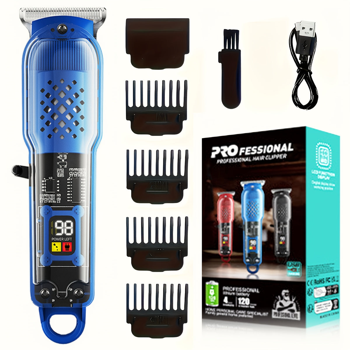 Professional Cordless Hair Clipper with Digital Display | Transparent Barber Trimmer with 4 Limiting Comb, USB Rechargeable, High-Quality, ABS Plastic Body, for Salon, Home, Travel - ayq