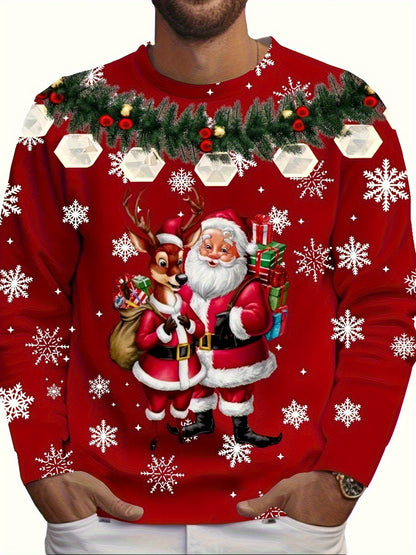 Men's Christmas Santa & Reindeer Print T-Shirt - Soft Stretchy Long Sleeve Casual Top with Elf Helper & Sleigh Design, Plus Size Holiday Party Wear, Machine Washable Red & White Snowflake Pattern Shirt, PLUS SIZE, Christmas S