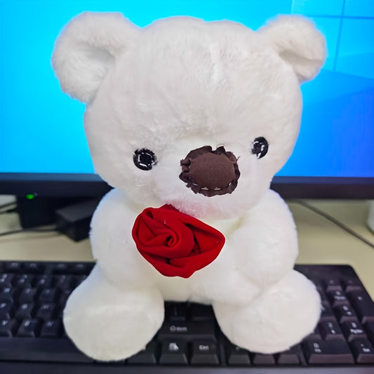 1pc Cute Teddy Bear Plush Toy Holding a Rose - Soft Hugging Stuffed Doll, Multicolor Cuddly Gift Suitable for,, Bedside, Christmas, Valentine's Day & New Year Decorations
