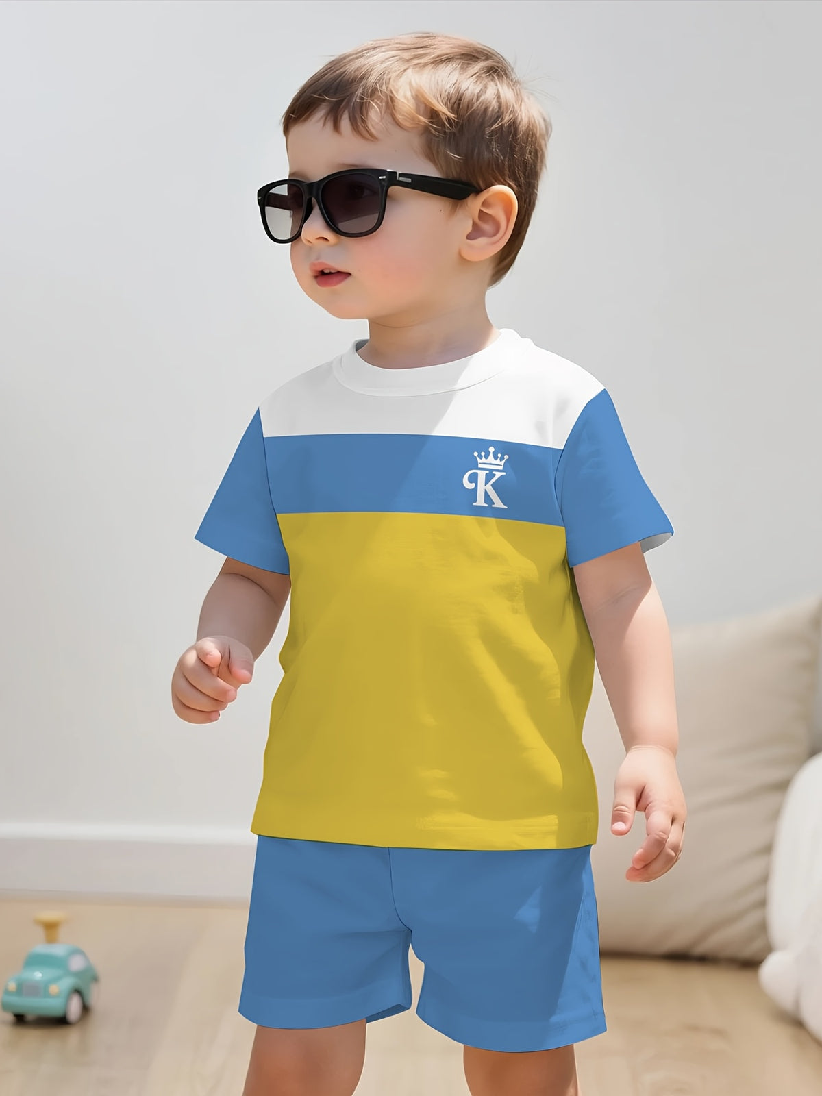 Boys' Casual Summer Short Set with Crown Letter K Print