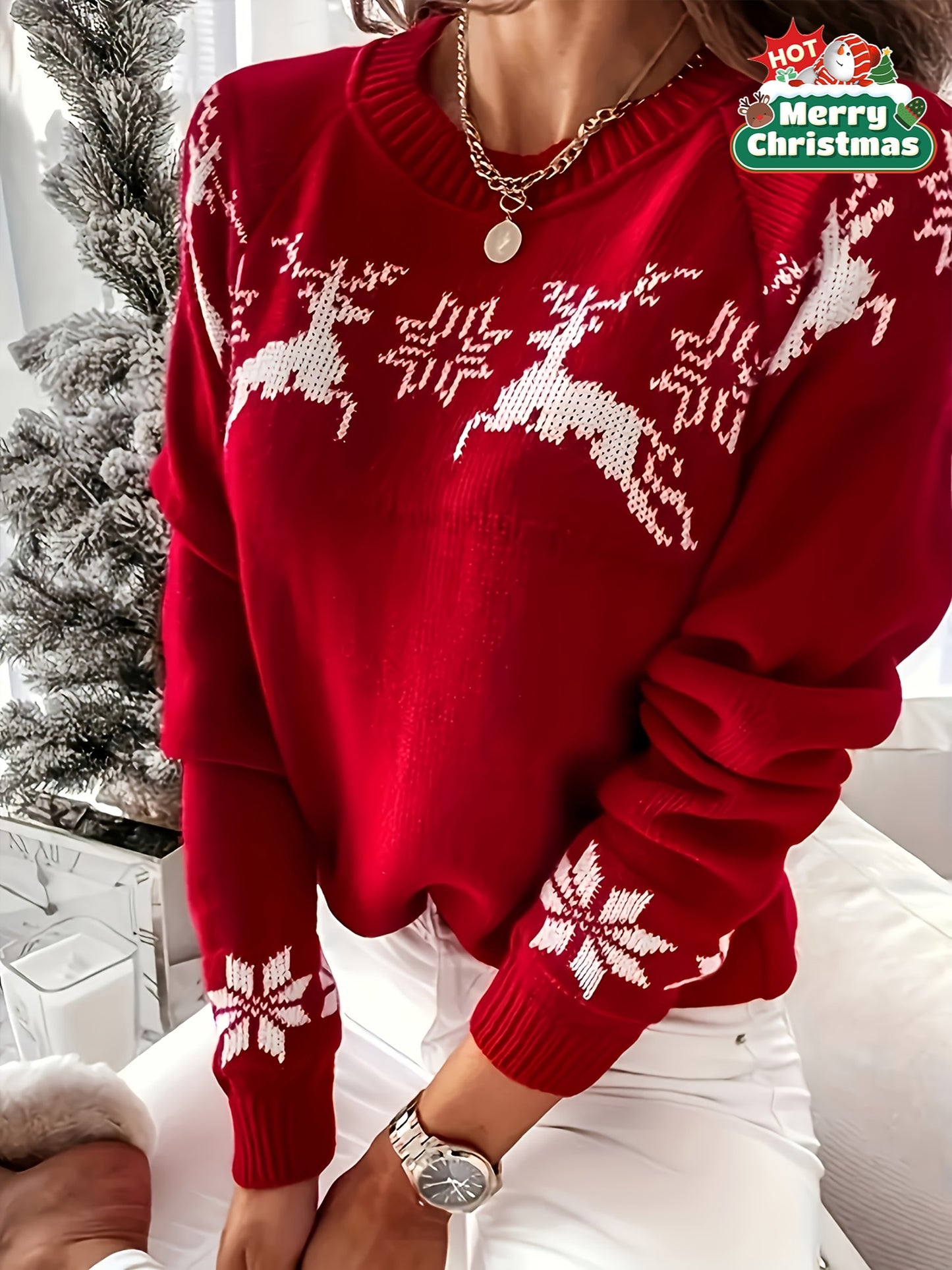 Women's Elegant Red Christmas Sweater with White Snowflake & Reindeer Pattern - Soft Stretchy Polyester Long Sleeve Round Neck Pullover, Cozy Winter Sweater for Holiday Parties & Everyday Winter Wear, Festive Sweater for New